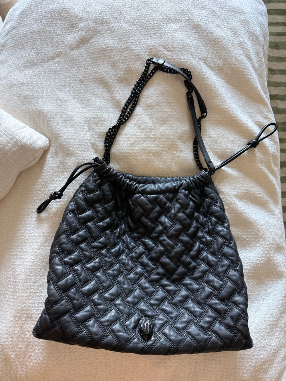 Kurt Geiger Black Quilted Drawstring Shoulder Bag with Chain Strap